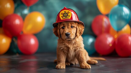 Minimalist background: Firefighter-inspired illustration of a pup in a camping setting, celebrating outdoor journeys and adventures.