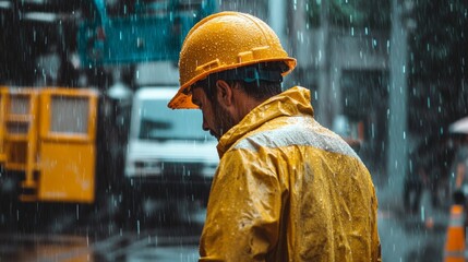Wall Mural - a construction worker in a raincoat working diligently in the rain, highlighting the dedication and 
