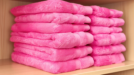 Neatly Stacked Pink Towels on Wooden Shelf