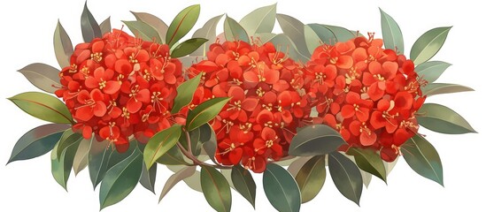 Wall Mural - Red ixora flower painting isolated on white complemented by green leaves in the background