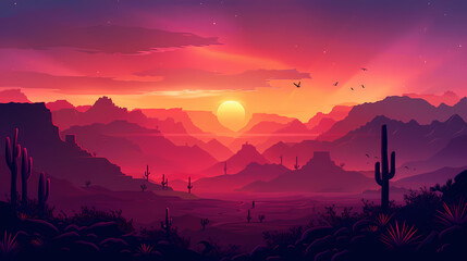 Wall Mural - Mexican desert landscape with silhouettes of cactus and eagles at sunset. Vector scenic background with dramatic, vibrant red and orange colors of dusk time. The majestic Arizona Canyon Mountains