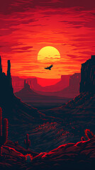 Wall Mural - Mexican desert landscape with silhouettes of cactus and eagles at sunset. Vector scenic background with dramatic, vibrant red and orange colors of dusk time. The majestic Arizona Canyon Mountains