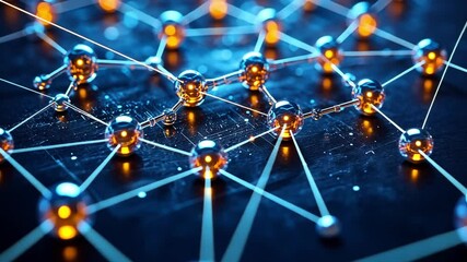 Poster - Close-up of a glowing network of nodes and lines on a dark surface, highlighting tech and innovation