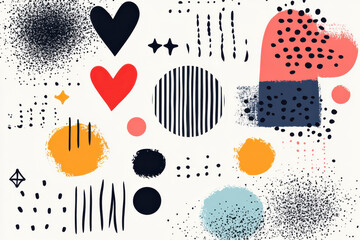 Poster - Abstract geometric pattern with circles, hearts, and splatters in bold colors. Modern and artistic graphic design.