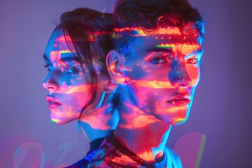Aufkleber - A couple standing together under neon lights, perfect for events or parties