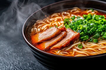 Delicious bowl of ramen featuring tender pork slices, fresh green onions, and steaming broth, perfect for food lovers and chefs.