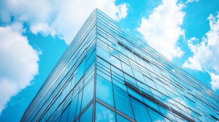 A fragment of a modern office building in the capital .glass buildings with cloudy blue sky background .modern office building