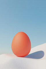 Wall Mural - A vibrant orange egg on a smooth white surface against a clear blue sky, capturing a minimalist and surreal aesthetic.