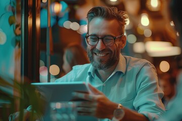 Aufkleber - A person sitting at a table with a tablet computer, ideal for technology-related concepts or illustrations