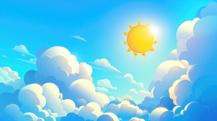 Vector illustration of a blue sky background featuring cartoon clouds and a sun