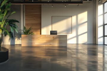 Poster - Reception area with wooden desk and greenery, ideal for offices or lobbies