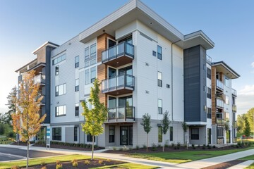 Aufkleber - A high-rise apartment building with multiple balconies, suitable for urban or cityscape scenes