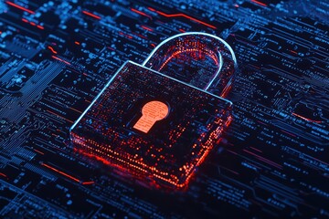 Poster - Digital lock on a circuit board background symbolizes cybersecurity and data protection in technology.