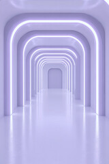 Poster - Futuristic hallway with glowing purple arches, creating a modern and sleek atmosphere. Ideal for concepts of technology, architecture, and innovation.