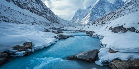 Wall Mural - Snowy mountains, a glacier river, and blue sky.