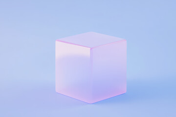 Poster - Minimalist pink cube on a smooth pastel blue background, showcasing modern simplicity and geometric aesthetic in soft lighting.