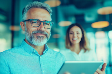 Wall Mural - Smiling businessman holding a tablet in a modern office.