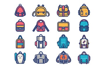 Poster - A collection of colorful backpacks on a white background, great for travel or adventure themed designs