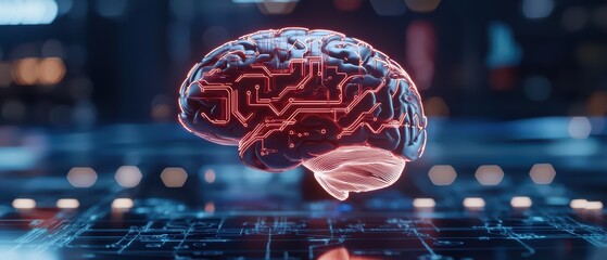 Poster - Futuristic digital brain model with neon circuitry glowing against a modern technology backdrop, representing artificial intelligence.