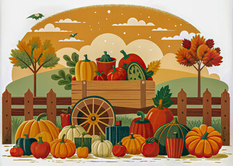 Sticker - autumn landscape with pumpkins