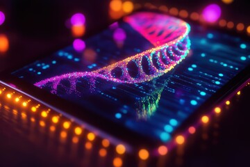 Poster - Futuristic digital visualization of DNA strand on tablet, showcasing vibrant colors and glowing lights. Perfect for science concepts.