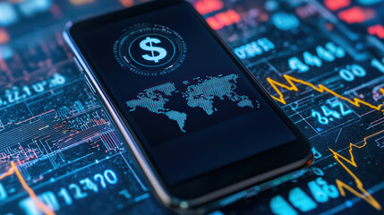 Poster - Modern smartphone displaying financial data overlaid with global currency symbols and stock market graphics.