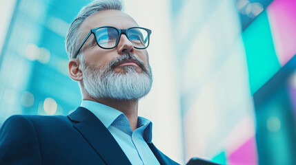 Canvas Print - A mature businessman looks confidently into the distance, standing in an urban setting.