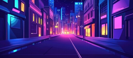 Wall Mural - Empty Street At Night In Cyberpunk City Illustration