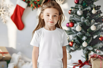 Christmas Kids t-shirt mockup, cute child girl in white t-shirt