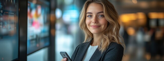 Wall Mural - Smiling Woman Holding Phone Near Digital Screens