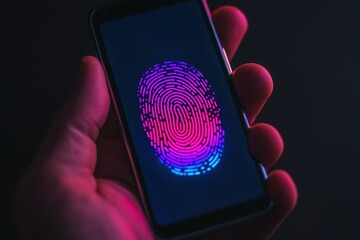 Poster - Vibrant smartphone screen showcasing a colorful fingerprint scanner, symbolizing security and modern technology in a digital world.