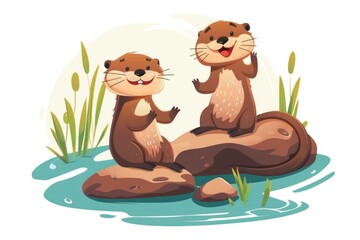 Poster - Two playful otters resting on a rocky outcropping, surrounded by water and lush vegetation