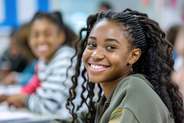 Poster - A young girl sitting in a classroom with a smile on her face, ready to learn