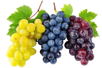 Wall Mural - Fresh grapes with leaves on a clean white surface, ideal for food, wine or nature-themed projects