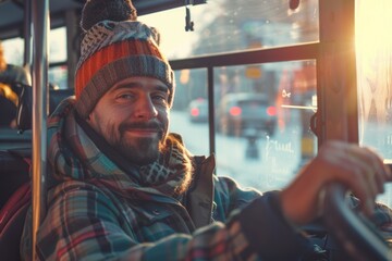 Canvas Print - A person commuting on a bus, wearing warm clothing against the cold