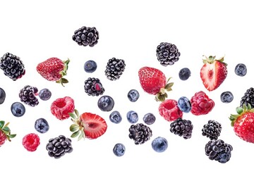 Sticker - Fresh berries and blueberries scattered on a white surface, perfect for food or decoration