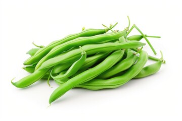 Wall Mural - A pile of fresh green beans on a clean white surface, ideal for food and recipe images