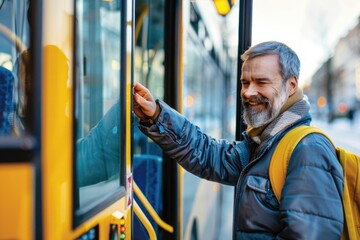 Canvas Print - A person standing near a bright yellow bus on the street