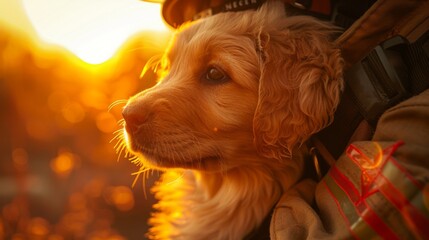 Wall Mural - Minimalist background: Firefighter-inspired illustration of a pup in a camping setting, celebrating outdoor journeys and adventures.