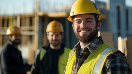 Wall Mural - a smiling construction worker in a yellow hard hat and vest, standing confidently at the constructio