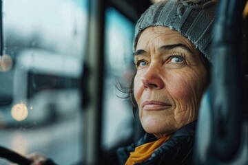 Poster - A person looking outside from a moving bus window