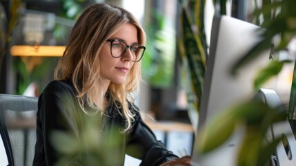 Poster - A woman sits at a desk with a laptop and works on her computer