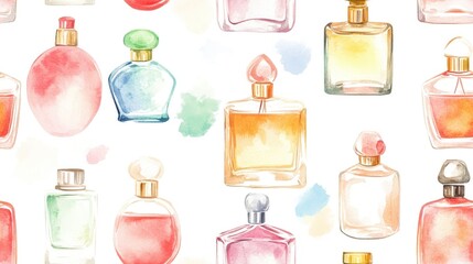 Wall Mural - Seamless watercolor pattern featuring hand painted assorted perfume bottles Ideal for design print textile and stationery applications