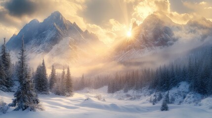 Wall Mural - winter landscape mountains snow forest