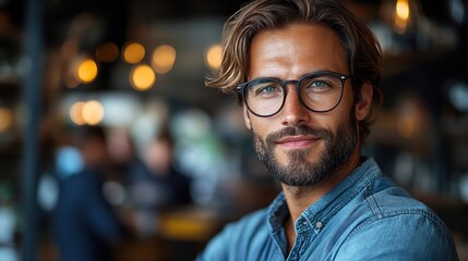 A portrait of a confident man with glasses and a beard, dressed in a casual denim shirt, posing in an indoor setting with a blurred background of warm lights