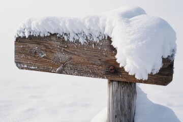 Wall Mural - A wooden sign covered in snow sits in the snowy landscape, perfect for winter-themed designs and outdoor scenes