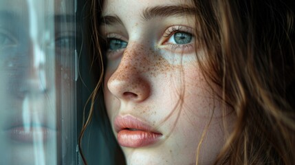 Sticker - A close-up shot of a woman's face featuring distinctive freckles