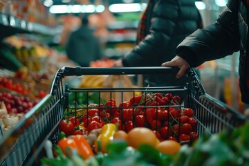 Fototapete - A person holds a shopping basket filled with groceries in a modern grocery store