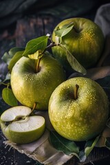 Poster - A group of green apples sit atop a cloth, perfect for a still life or food scene
