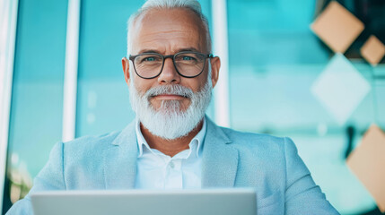 Wall Mural - Smiling senior man in glasses uses a laptop.